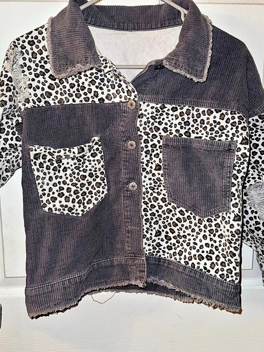 Leopard Print Distressed Jean Jacket Size Small